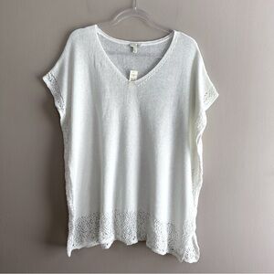 Talbots NWT Womens L/XL White Crochet Trim Knit V-neck Lightweight Beachy Tunic